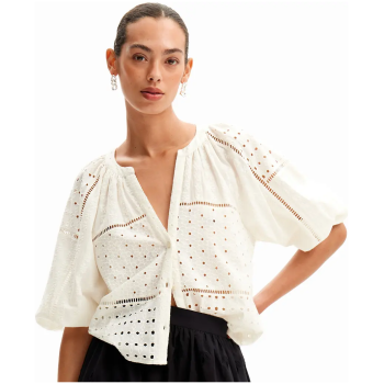 DESIGUAL White Swiss Embroidered V-neck Blouse