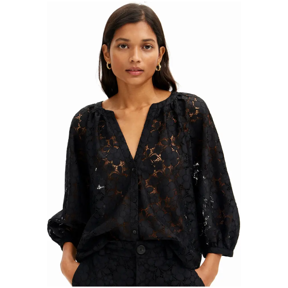 DESIGUAL Black Floral Lace Blouse